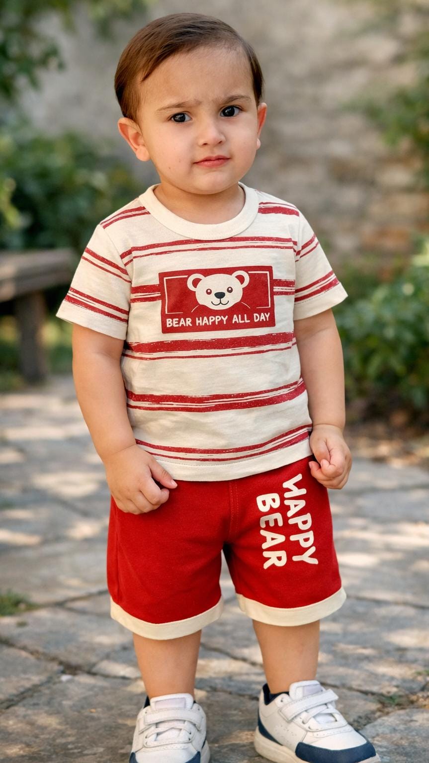🧸 Boys Summer T-Shirt & Shorts Set – Happy Bear Design